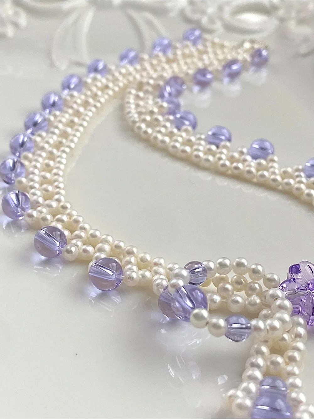 GP88-Handmade Braided High Quality Round Baby Pearl And Amethyst Bow Necklace